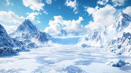 Obraz premium The majestic ice flow of the Quellic site in exquisite photography, with flowing waterfalls of ice floating on mountains and rocks. The sky is filled with dark clouds, creating an epic atmosphere,