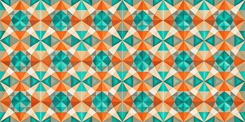 A Seamless Geometric Pattern with a Playful Arrangement of Orange, Green, and Beige Polygons