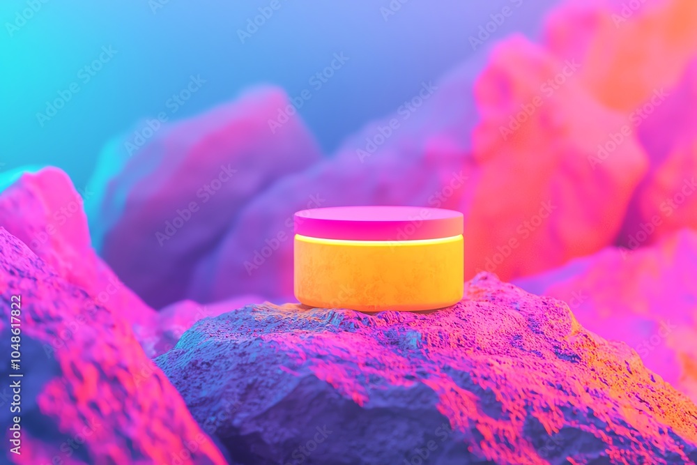 Poster a vibrant round object illuminated by colorful lights rests on textured stones, creating an artistic