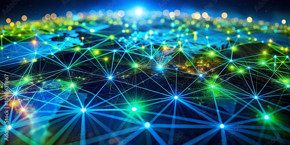 Aufkleber futuristic network visualization with blue and green lines illustrating blockchain technology and gl