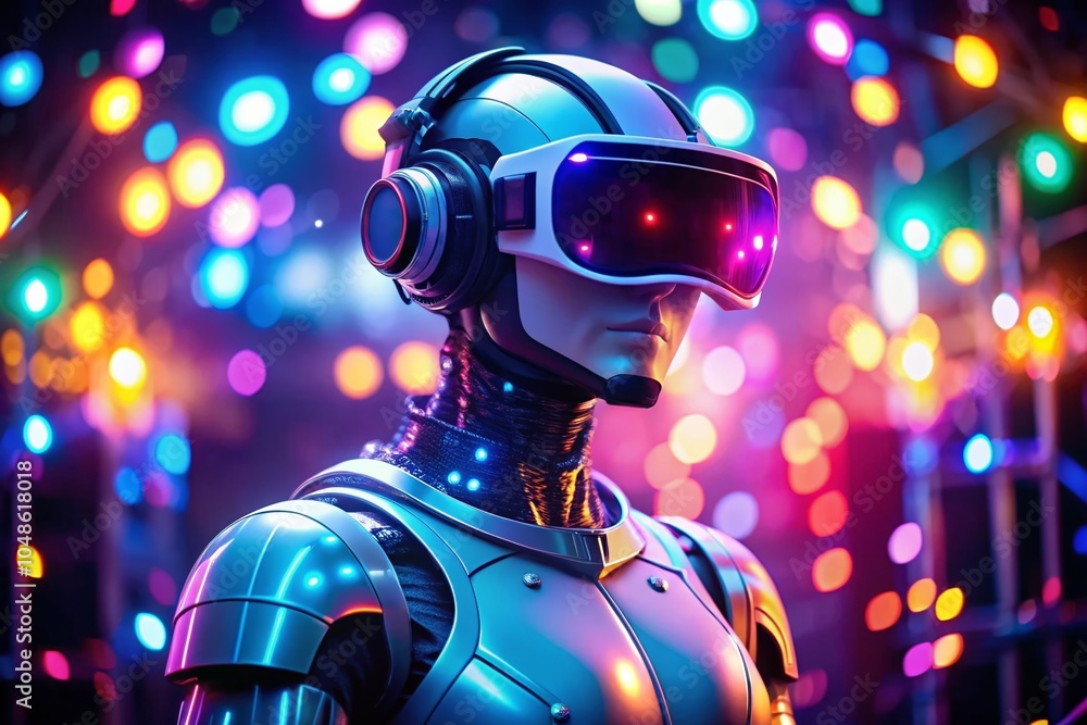 Poster futuristic robot with vr headset in neon lights - advanced technology and innovation in ai