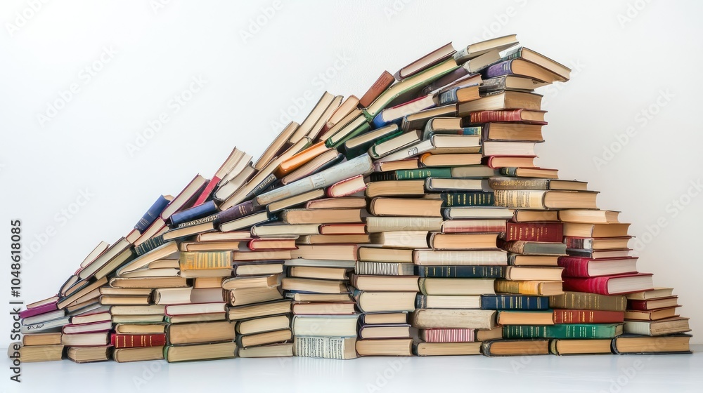 Poster a progressive curve of stacked books, each labeled with a different academic subject, from elementar