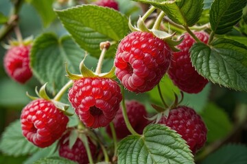 A ripe raspberries hanging from the branches of a raspberry bush, with vibrant red hues