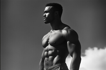 Black and white image of a shirtless, muscular man against a cloudy sky