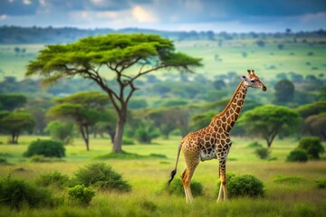 Obraz premium Giraffe in Natural Habitat: Tilt-Shift Photography for Unique Wildlife Perspective