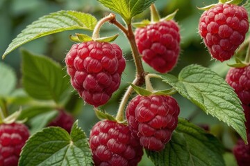 A ripe raspberries hanging from the branches of a raspberry bush, with vibrant red hues