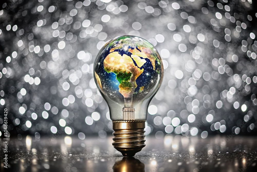 Poster globe with lightbulb symbolizing creativity and ideas in bokeh effect