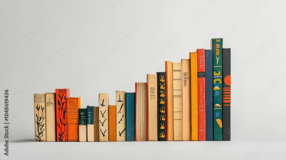 Poster a sequence of books arranged in an upward curve, each spine featuring educational milestones, from e