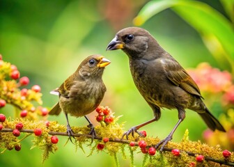 Fototapeta premium Sooty Grassquit Feeding Juvenile in Colombian Habitat - Nature Photography, Wildlife, Birds, Conservation, South America, Avian Behavior, Close-Up, Animal Interaction, Tropical Ecosystem, Birdwatching