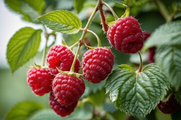 A ripe raspberries hanging from the branches of a raspberry bush, with vibrant red hues