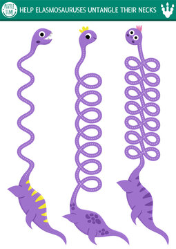 Vector handwriting practice worksheet with dinosaurs. Untangle elasmosaurus necks. Prehistoric printable drawing activity for preschool children with animals. Tracing game for writing skills