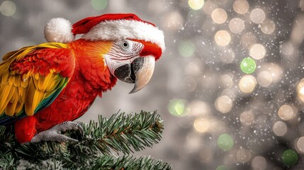 Fototapeta premium Festive Macaw with Christmas Hat