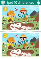 Fototapeta premium Find differences game for children. Dinosaur educational activity with paleontologists boy and girl on the dig and camp landscape. Puzzle for kids with archeologists. Printable worksheet, page
