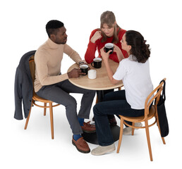 Obraz premium Group of friends sitting in a café and talking isolated on white background seen from above