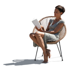 Woman sitting in a balcony chair outside in the sun and reading a book isolated on white background