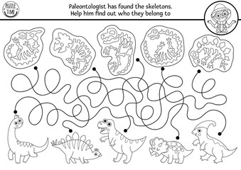 Dinosaur black and white maze for kids with animals and their skeletons. Line prehistoric printable activity. Dino land labyrinth game, puzzle, coloring page with paleontologist, T-rex, stegosaur © Lexi Claus