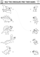 Black and white dinosaur matching activity with animals and babies. Prehistoric line puzzle with pterosaur, stegosaur. Match parent and child game. Dino land printable worksheet, coloring page