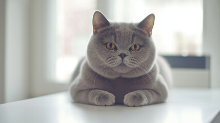 The grey British Shorthair cat looks curiously at its pet owner in front of the camera and yawns occasionally trying to sleep