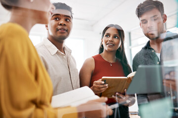 People, diversity and tablet in planning or workshop in boardroom, office or business as startup. Teamwork, technology and meeting in company with notebook, discussion and brainstorming as colleagues