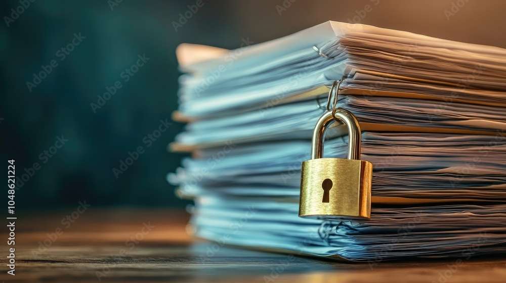 Poster a stack of sensitive business documents, securely fastened with a golden padlock. concept of data pr