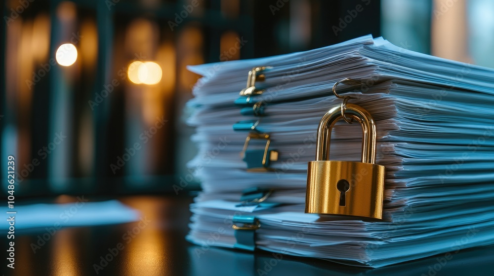 Poster a stack of sensitive business documents, securely fastened with a golden padlock. concept of data pr