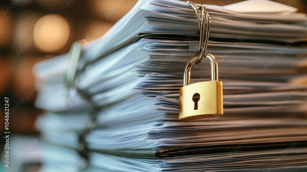 Poster a stack of sensitive business documents, securely fastened with a golden padlock. concept of data pr