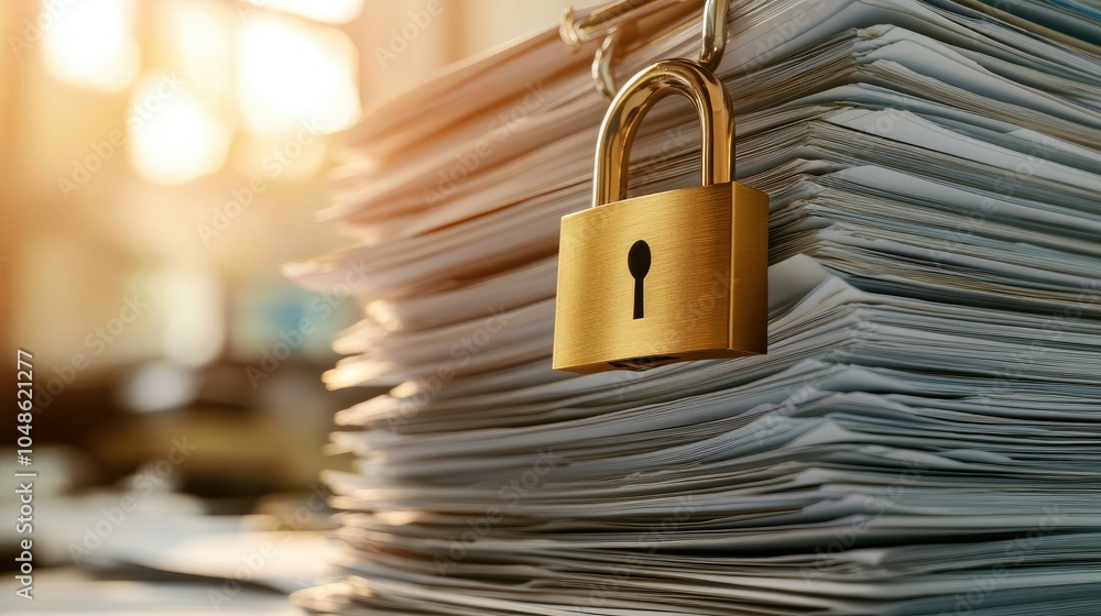 Poster a stack of sensitive business documents, securely fastened with a golden padlock. concept of data pr