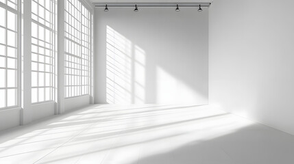 Obraz premium White empty studio room interior design white walls and corner tiled white empty floor background luxury empty interior for product desplay : Generative AI