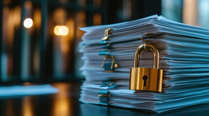 A stack of sensitive business documents, securely fastened with a golden padlock. Concept of data protection and privacy.