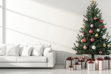 A cozy living room featuring a decorated Christmas tree and neatly wrapped gifts, creating a festive atmosphere.