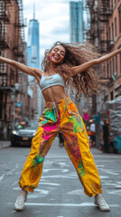 Dancing in the streets of New York. Cheerful woman dancing modern dance. Vertical frame for...