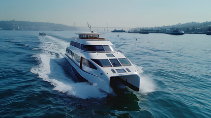 Fototapeta premium Modern White Yacht Sailing on Blue Water