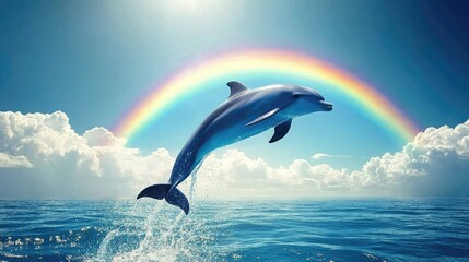 Fototapeta premium A stunning image of a dolphin in mid-leap beneath a vibrant rainbow, with the clear blue sky and sparkling ocean below