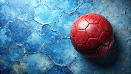 Grungy Red Soccer Ball on Blue Marble Texture Background for Sports and Fitness Themes