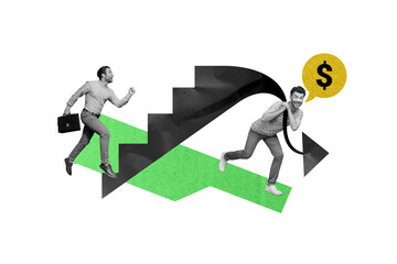 Collage 3d image of pinup pop retro sketch of two funny man stairs running up money achieve goal...