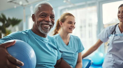 Fototapeta premium A joyful moment in healthcare, a smiling older man in a light blue shirt holding a yoga ball