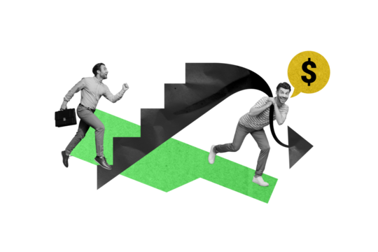 Collage 3d image of pinup pop retro sketch of two funny man stairs running up money achieve goal trader financier economist dollar sign