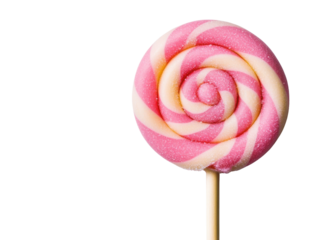 A vibrant pink and white swirl lollipop on a stick, perfect for evoking nostalgia and sweetness in any creative project.