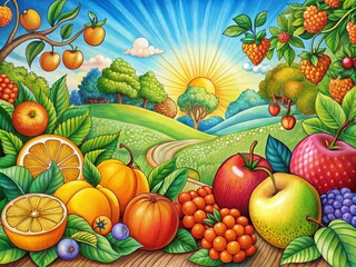 Hand Drawn Fruits in a Colorful Landscape - Creative Coloring Ideas for Art Enthusiasts and Nature Lovers