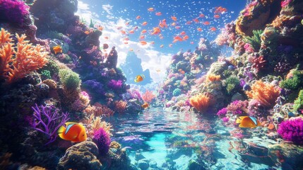 Fototapeta premium Vibrant Coral Reef with Tropical Fish and Sunlight