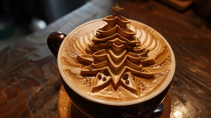 Fototapeta premium Celebrate the holidays with this intricately designed coffee masterpiece featuring a festive 3D latte art Christmas tree