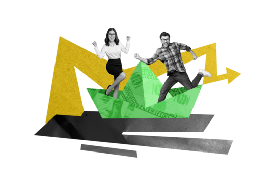 Composite collage image of two funny energetic office workers employee bank woman man money banknotes ship trader financier economist - Powered by Adobe