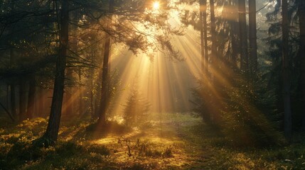 Obraz premium Bright morning light streaming through a forest, symbolizing the promise of a new day