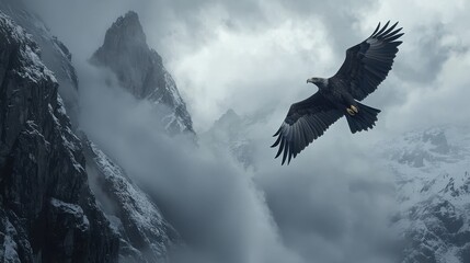 Obraz premium Majestic Eagle Soaring in Mid Flight Against Mountains