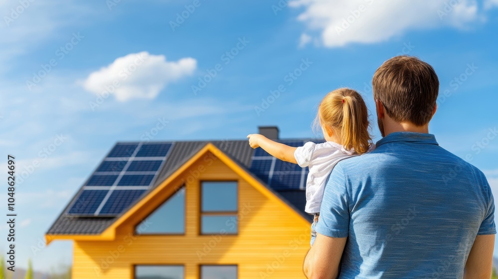 Wall mural parent and child observing solar panels.