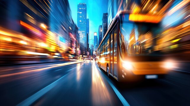 Bus in motion on a city street at night.
