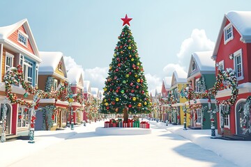 Snowy street with decorated houses and tall Christmas tree