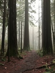 Naklejka premium Misty Forest Path Among Towering Redwoods