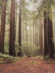 Fototapeta premium Misty Forest with Towering Redwoods and Mossy Ground