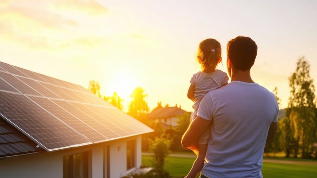 Father and child enjoying sunset, solar panels visible